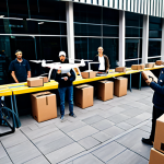Drone Delivery Startup Scene**

A bustling marketplace scene, with a modern, fully-equipped drone delivery service hub visible in the background. Focus on a diverse group of people (customers and staff) interacting, some receiving packages delivered by drones. Make sure everyone is fully clothed and the image is safe for work. Capture the efficiency and innovation of the delivery service. Include a well-branded drone. Add: "professional photography", "high quality", "perfect anatomy", "correct proportions", "natural pose".

**